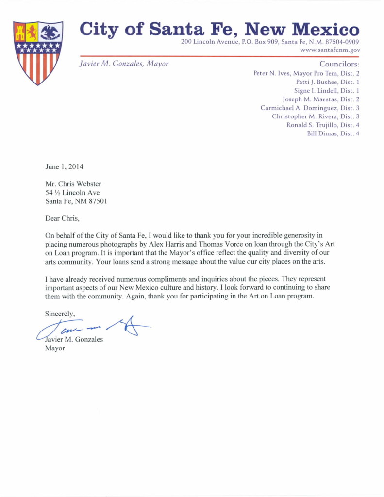 CITY OF SANTA FE, MAYOR JAVIER GONZALES LETTER, ART LOAN